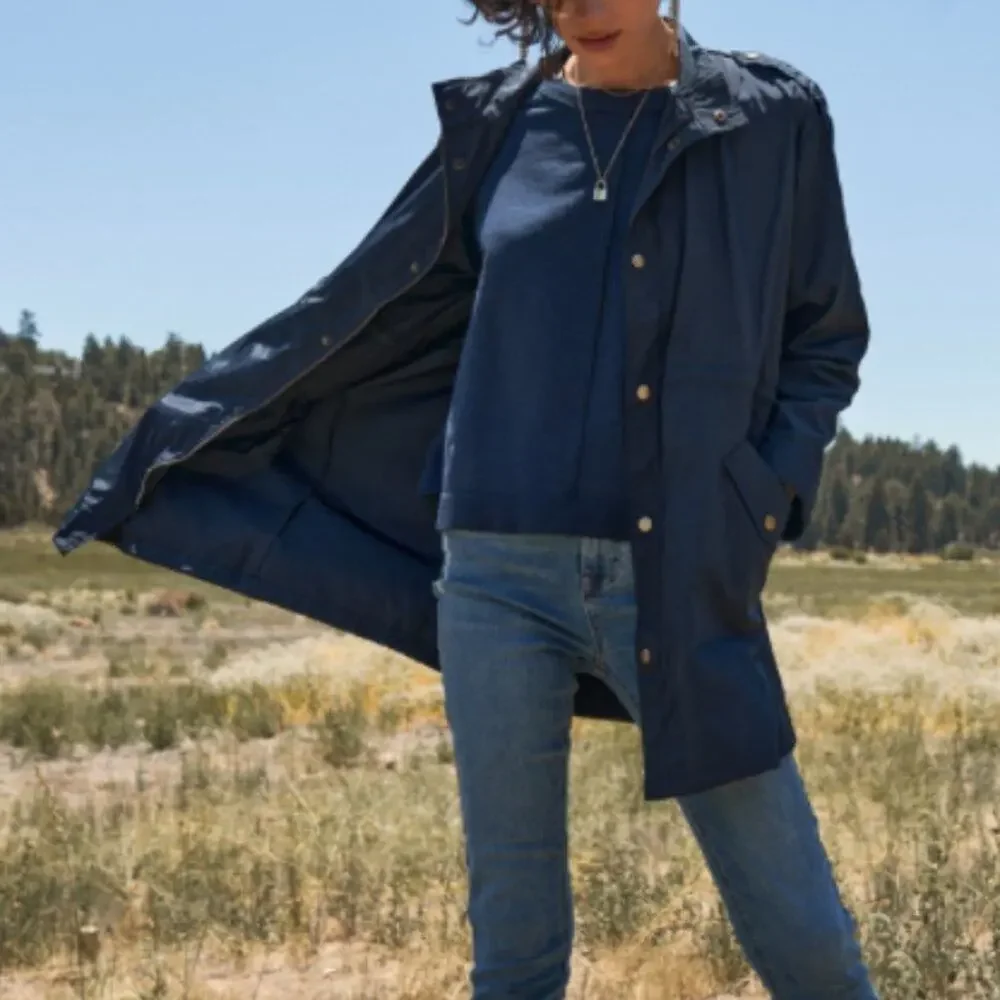 Navy Glossy Drawstring Trim Button-Down Coach Jacket - Picture 3 of 16